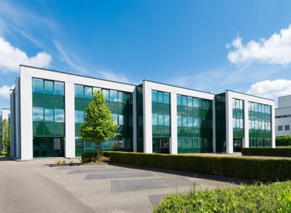 Large commercial building and beautiful landscaped grounds