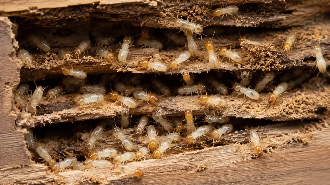 Massive termite colony crawling through damaged wood with tunnels, , showing a severe termite infestation. 
