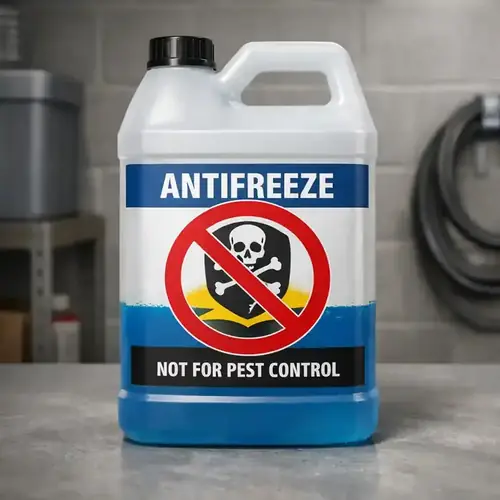 Antifreeze container with warning symbol showing it is toxic and not safe for pest control