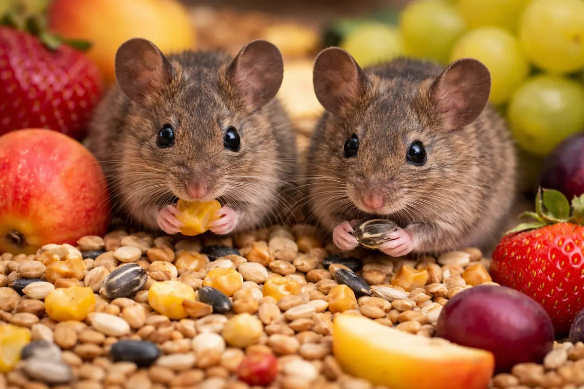 Two mice eating grains, seeds, and fresh fruits including corn, sunflower seeds, apples, and strawberries, illustrating what mice eat and their preference for grains, fruits, and seed-based food sources
