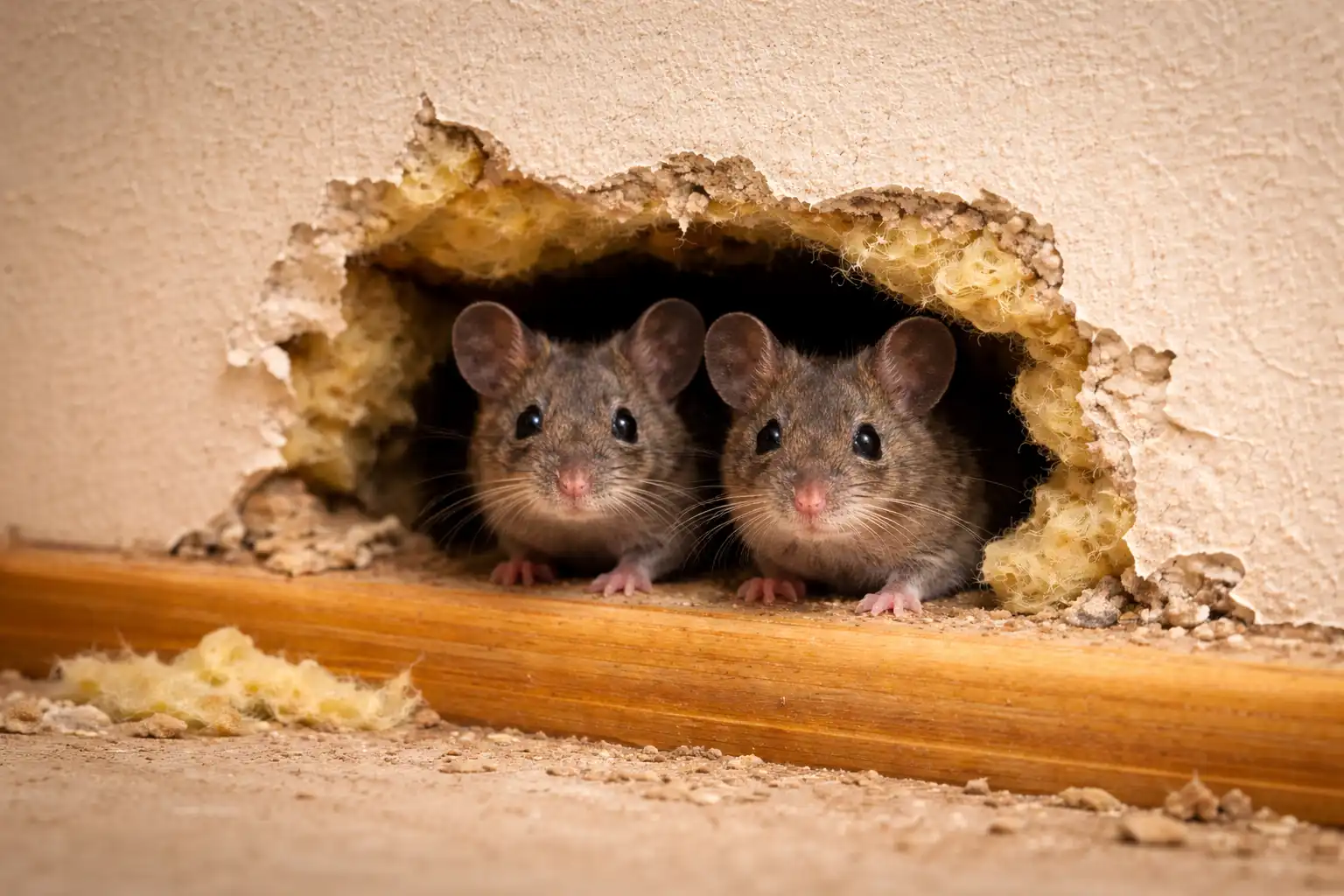 Mice living in walls peeking through a hole, showing how important it is to get rid of mice in walls infestation