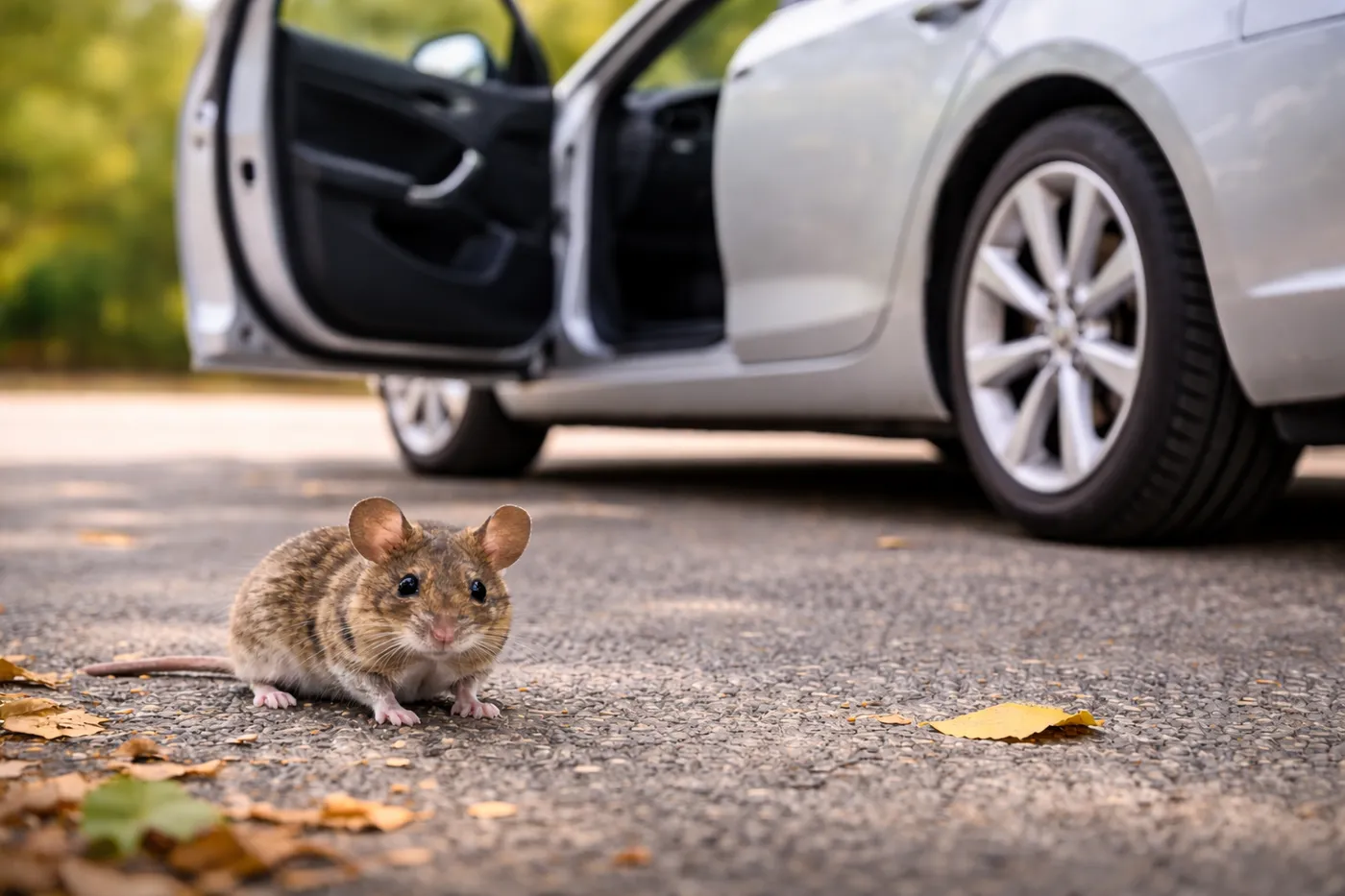 Mouse sitting near car, illustrating car rodent risk and importance of keeping mice out of car, preventing mice nesting in vehicles, and protecting wiring from mouse damage
