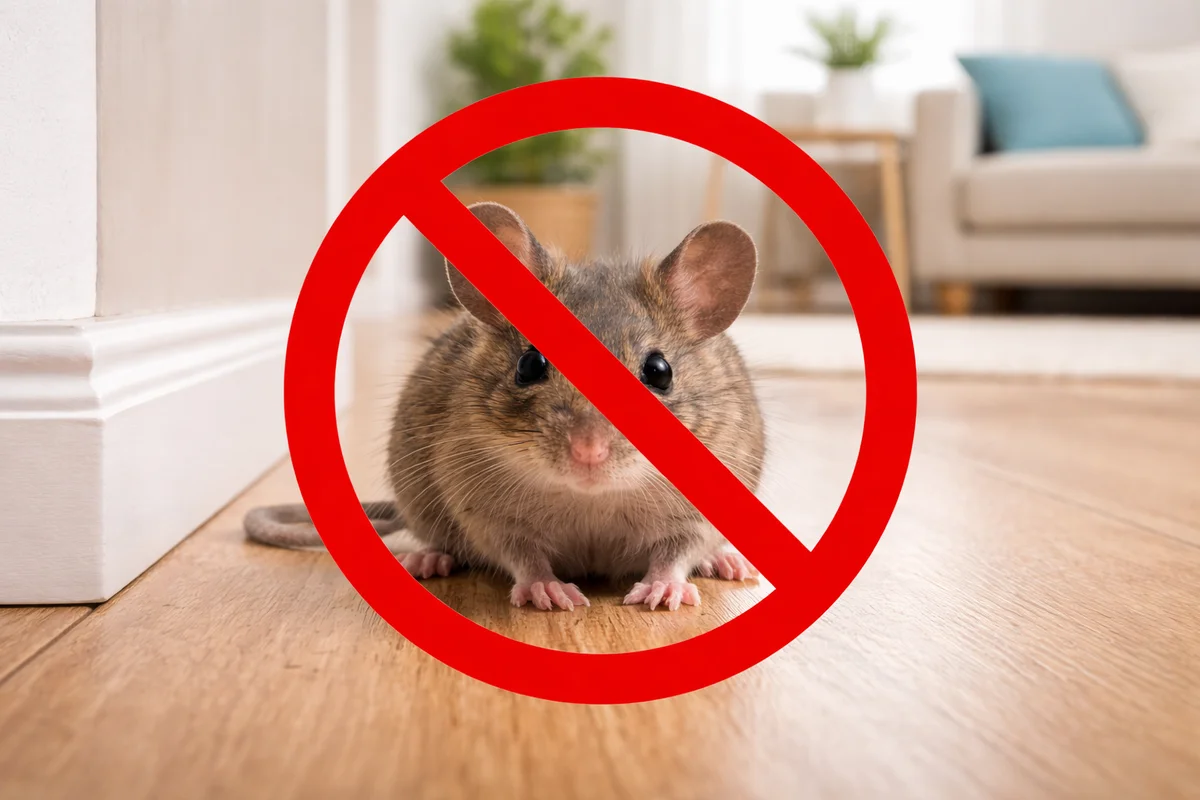 Mouse inside a clean home with a red no symbol over it, representing rodent control, mouse prevention, and how to keep mice away from your house.