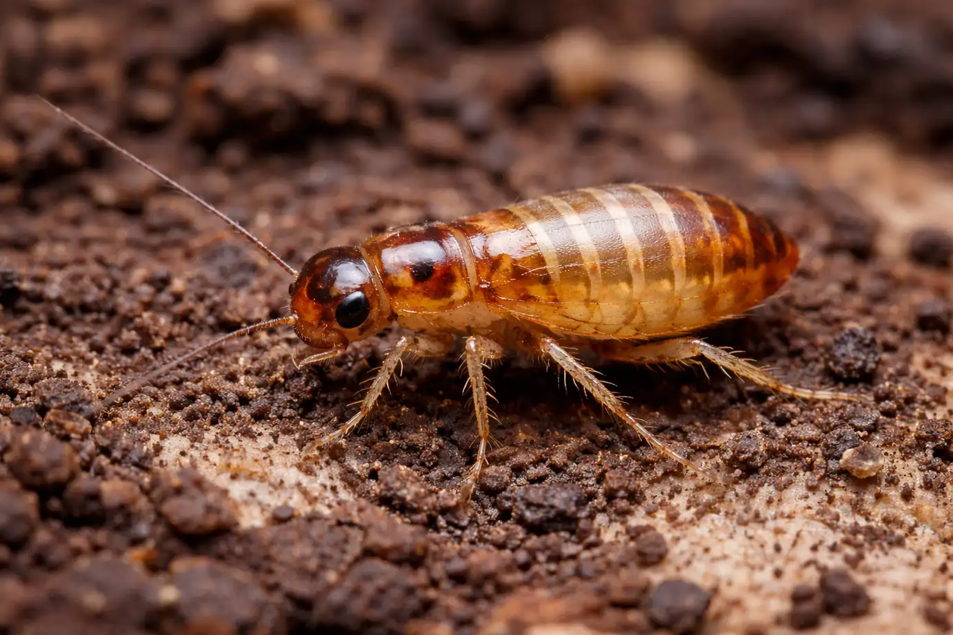Baby cockroach nymph on soil, showing roach body details that are commonly associated with cockroach allergy triggers such as shed skins and allergens