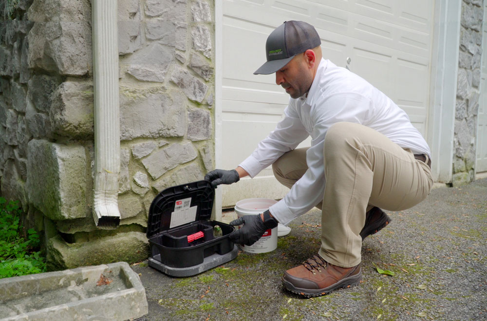 GPM_Josh_WChest_rodent_bait_box technician placing a bait box for rodent control