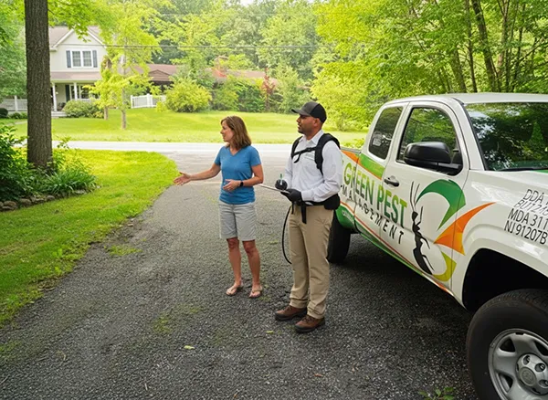 green pest management technician brushing eves of a home for spider and wasp control