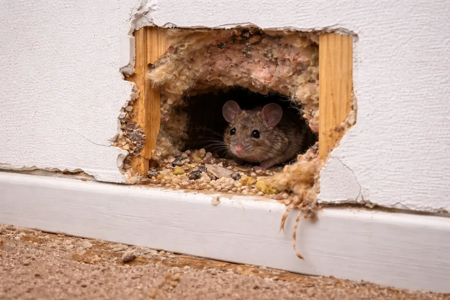 Rodents in walls: mouse living inside a wall, showing how mice and rats in walls can be hard to get rid of