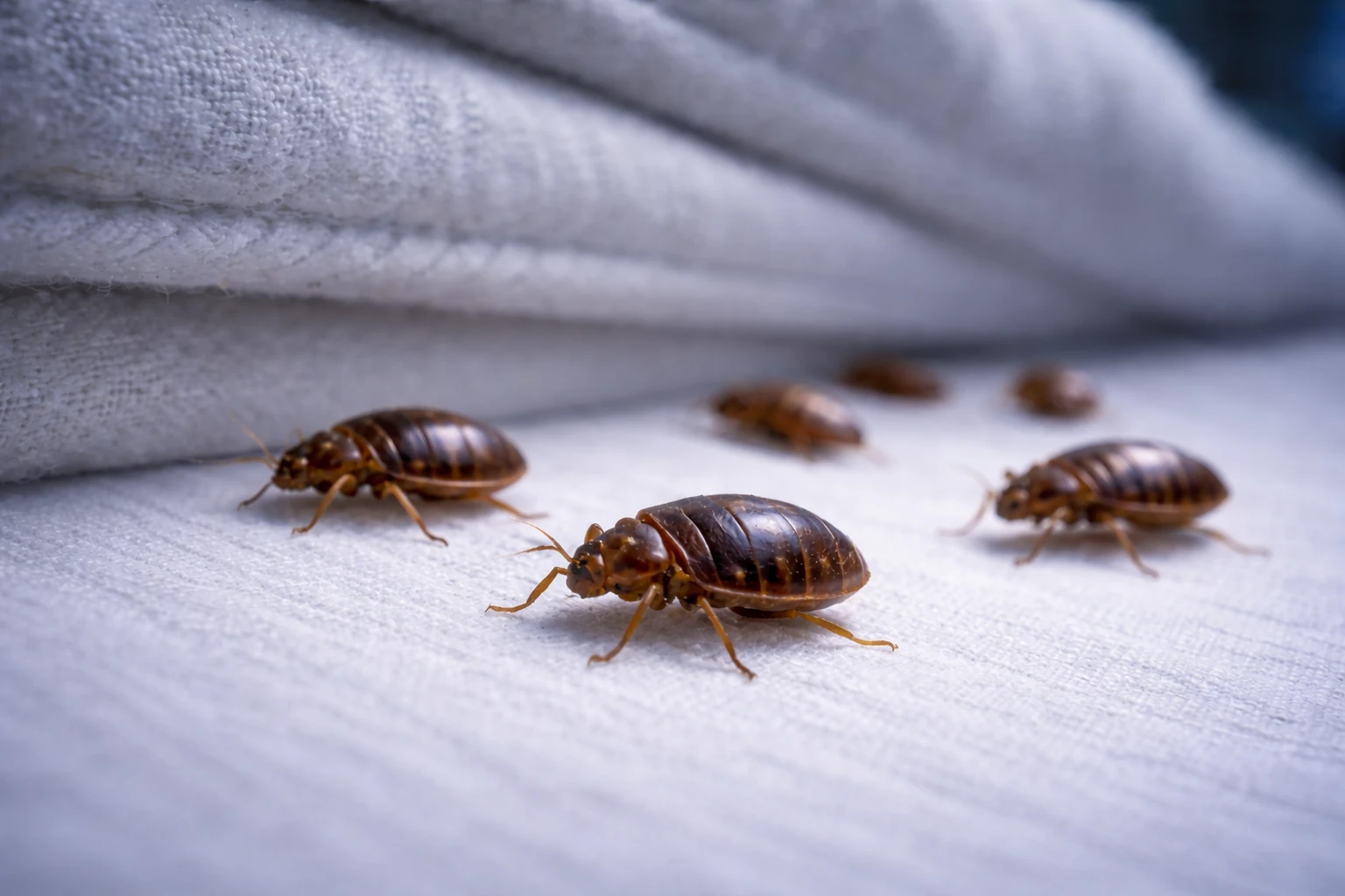 bed bugs crawling near bed, night time bed bug infestation