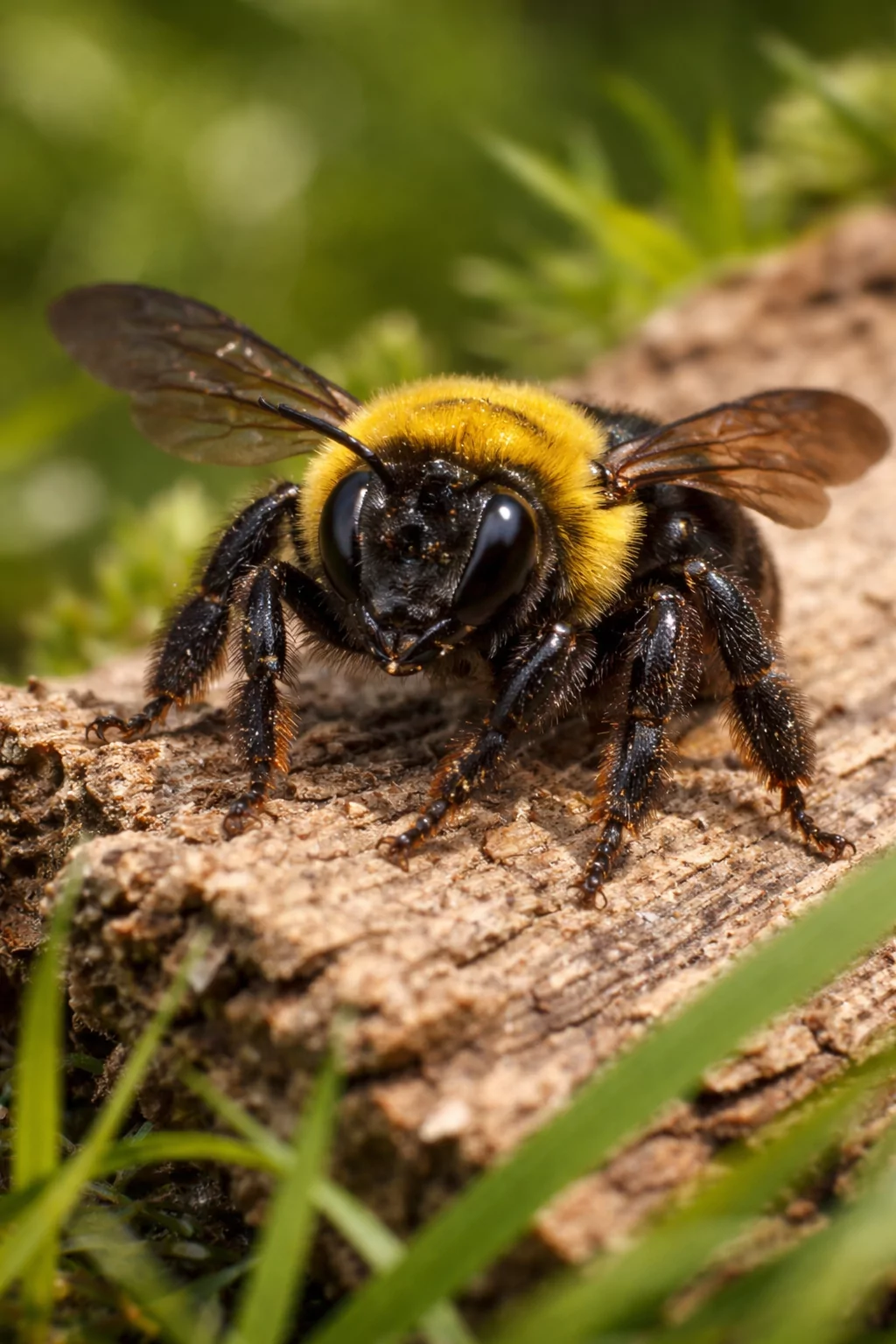 Large carpenter bee sitting on a weathered wooden post, showing a common wood-boring bee near exposed outdoor wood where carpenter bees may drill round nesting holes and cause deck, railing, fascia, siding, or porch damage.