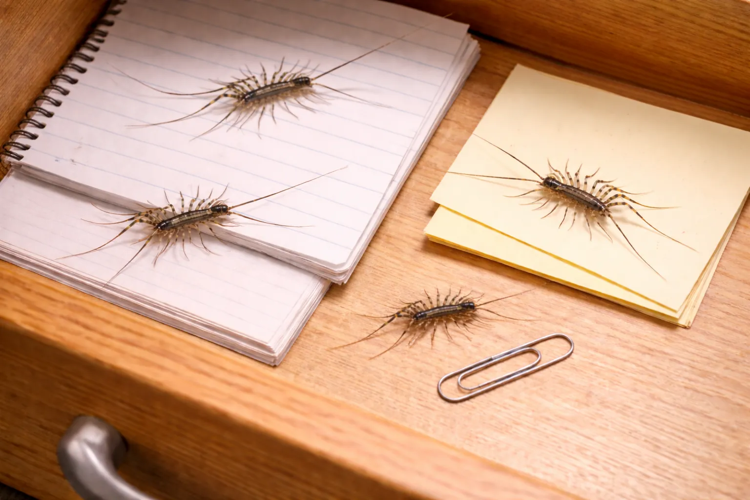 House centipedes (Scutigera coleoptrata) inside a home drawer, attracted to high humidity and moisture-prone indoor areas where these common household pests hide. 