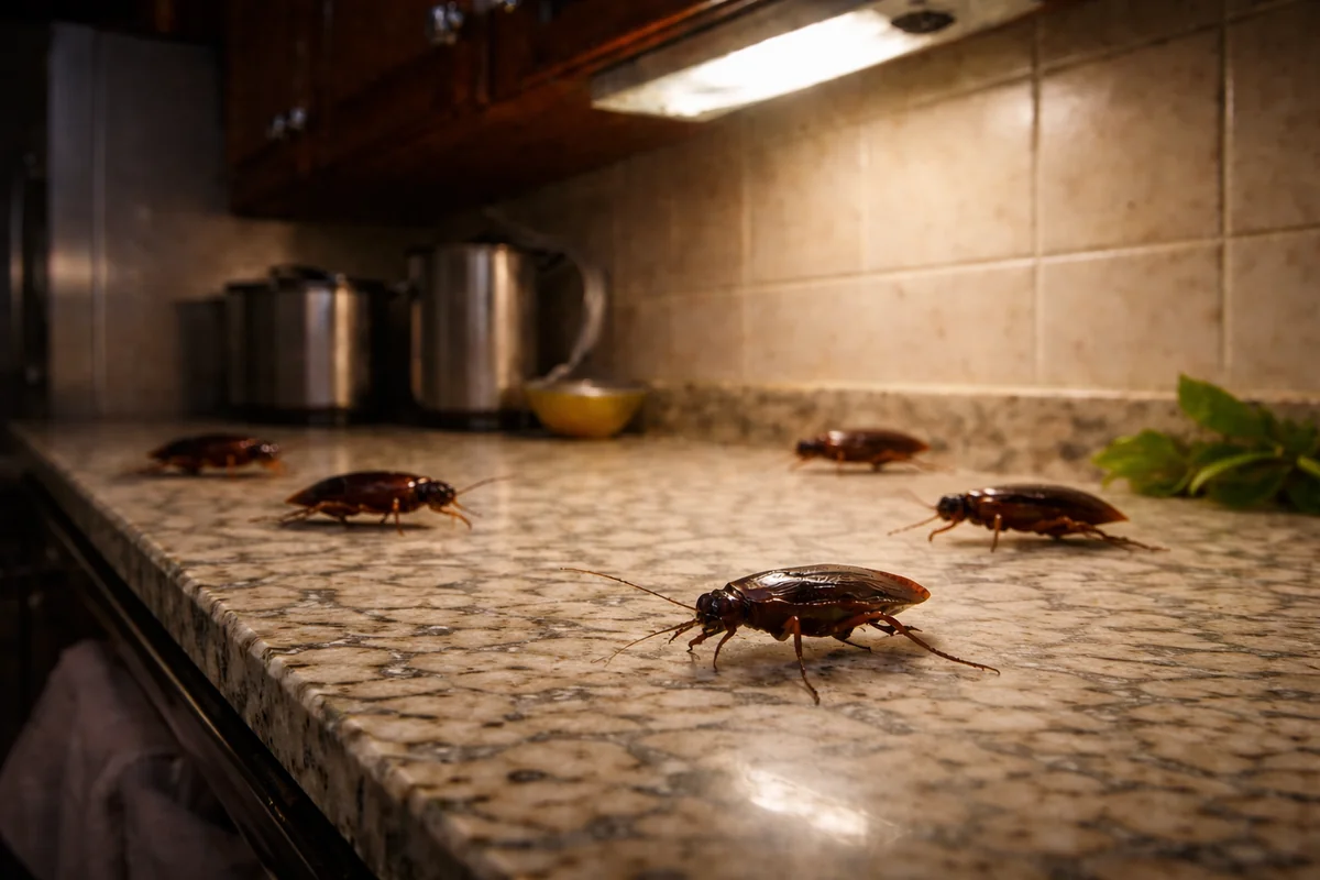 cockroaches crawling at night in the house kitchen. roach infestation.