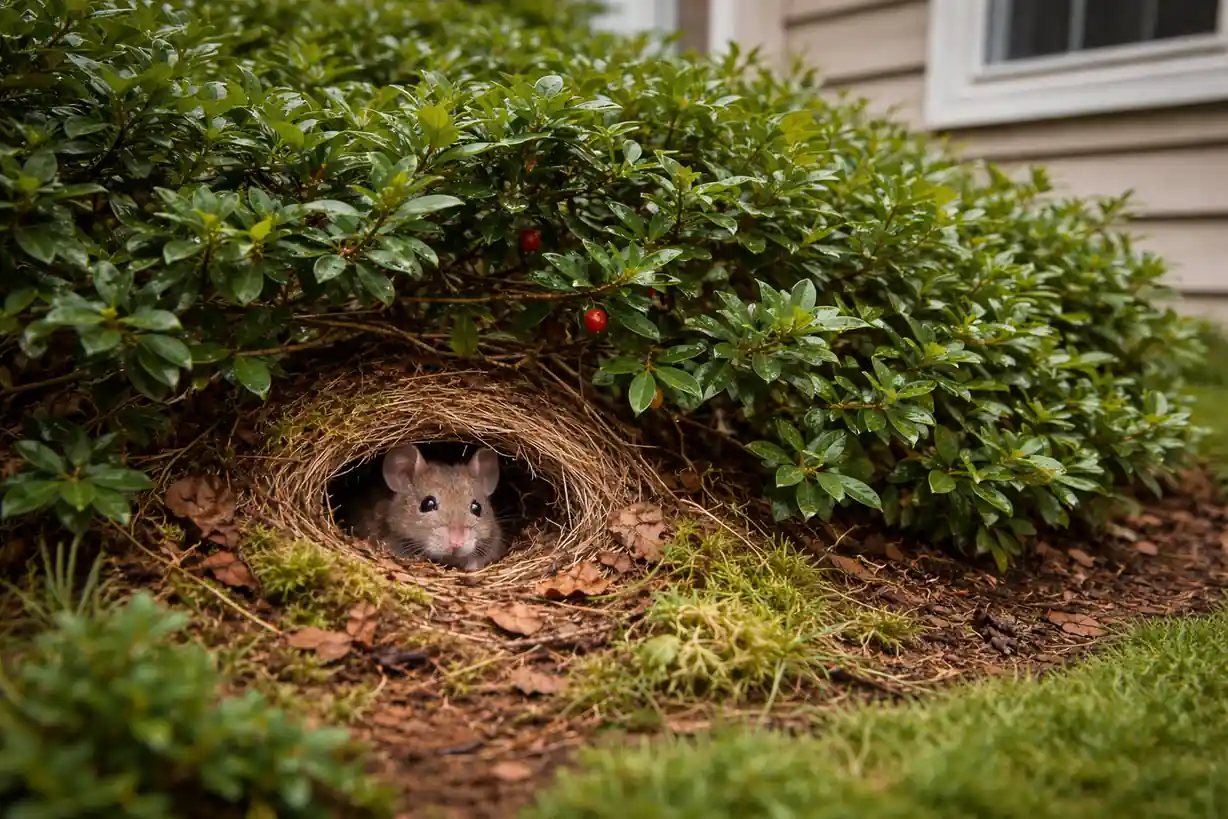 Mouse nest near a home, highlighting the need for mouse nest removal and getting rid of rodents near house