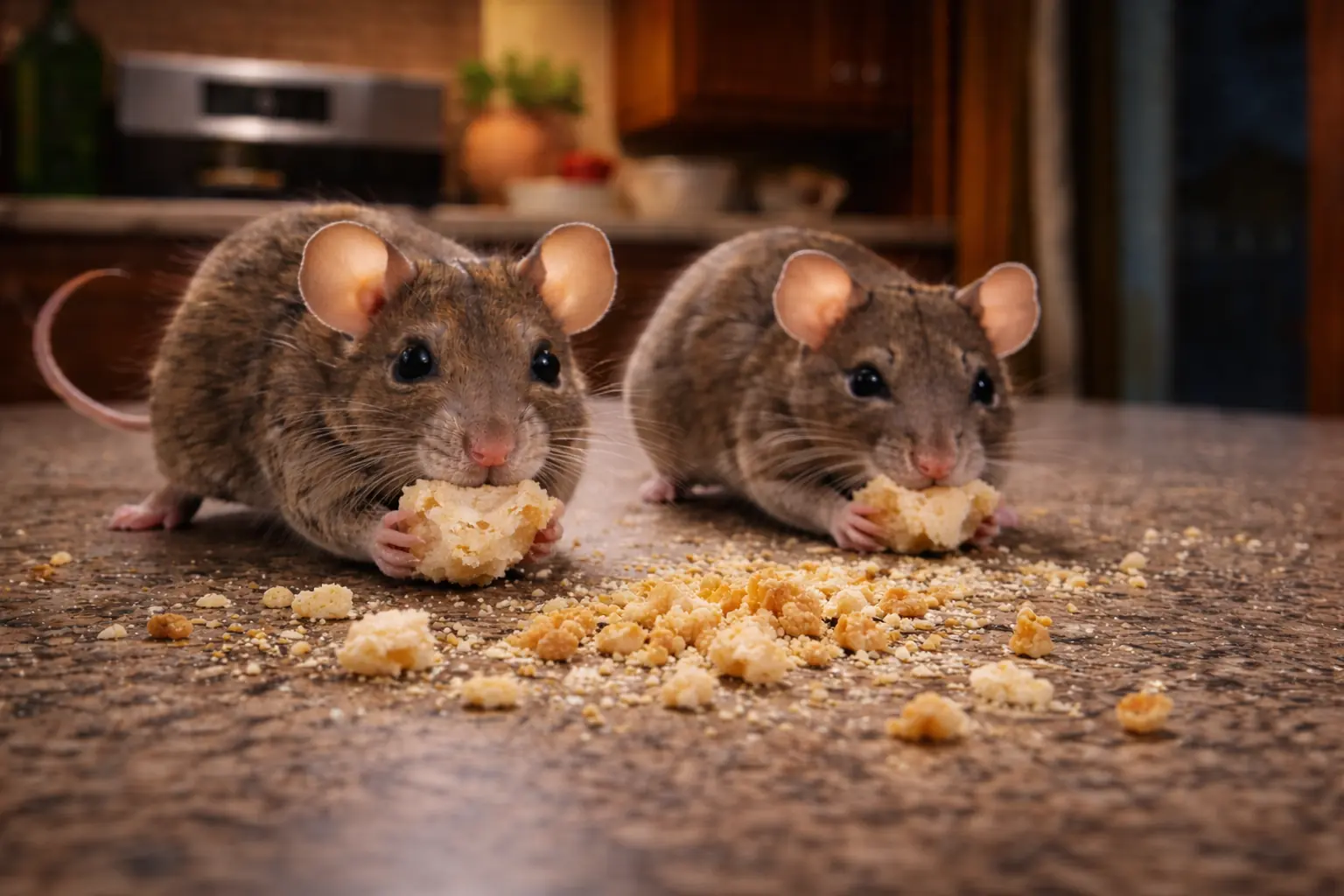 Mice eating bread crumbs on a kitchen countertop inside a home, illustrating a mouse infestation, indoor rodent problem, and food attracting mice indoors.