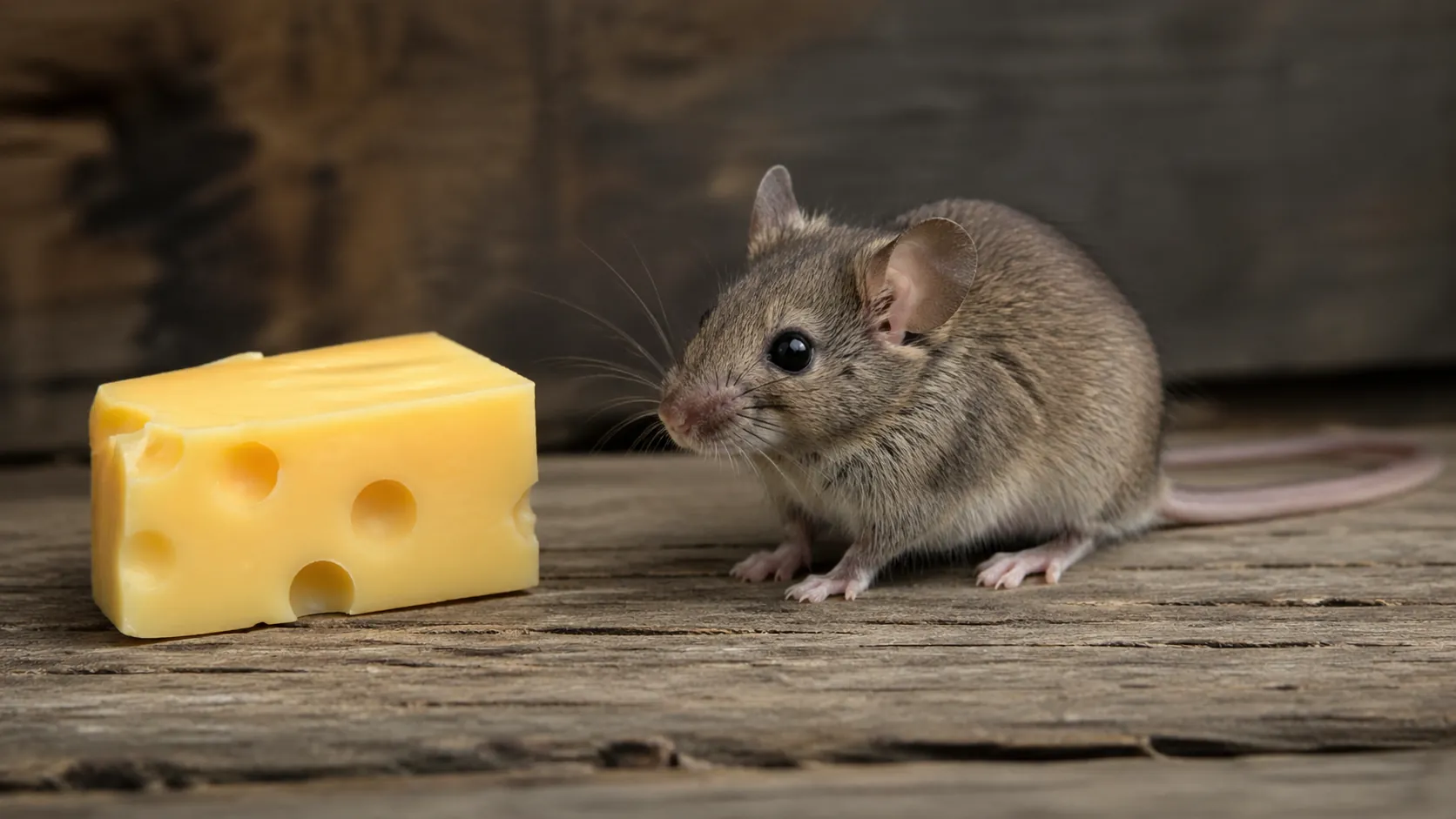 Mouse next to a piece of cheese, illustrating whether mice like cheese and what foods attract mice indoors.