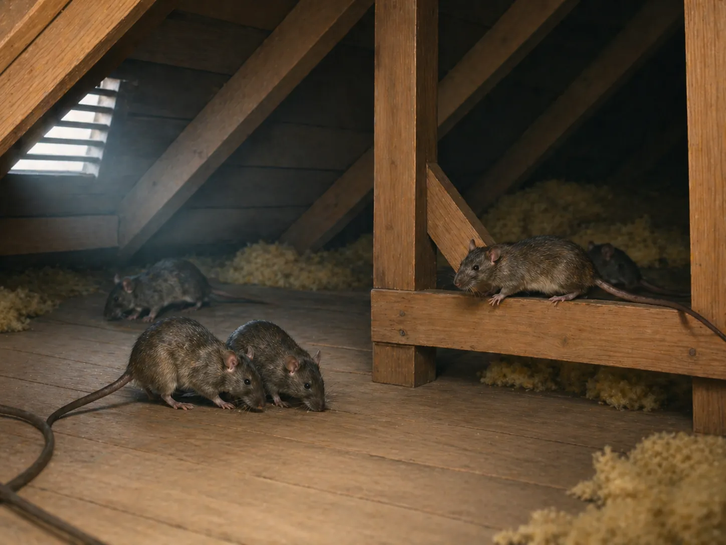 Several rats in an attic with wooden beams and insulation, showing a common attic rodent problem that may require professional rat control.