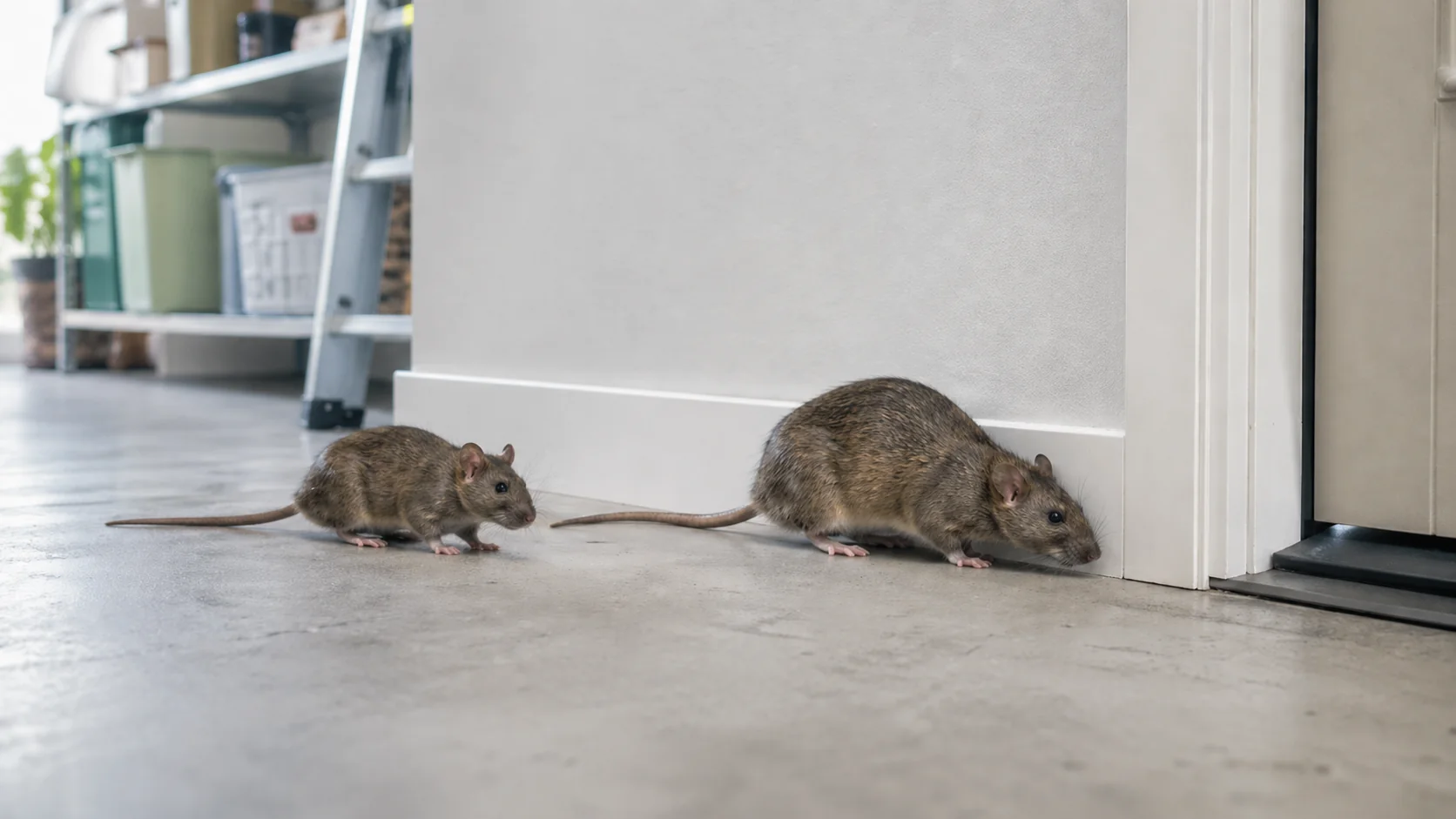 Rats moving along a clean indoor baseboard near a doorway, showing signs of a rodent problem in a tidy home environment.