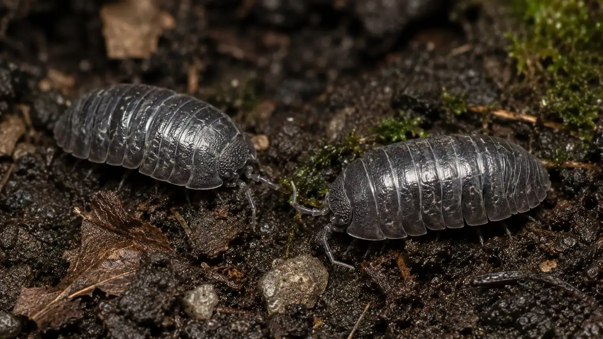 Rolly polly bugs crawling on moist soil, showing rolly pollies in a natural habitat.