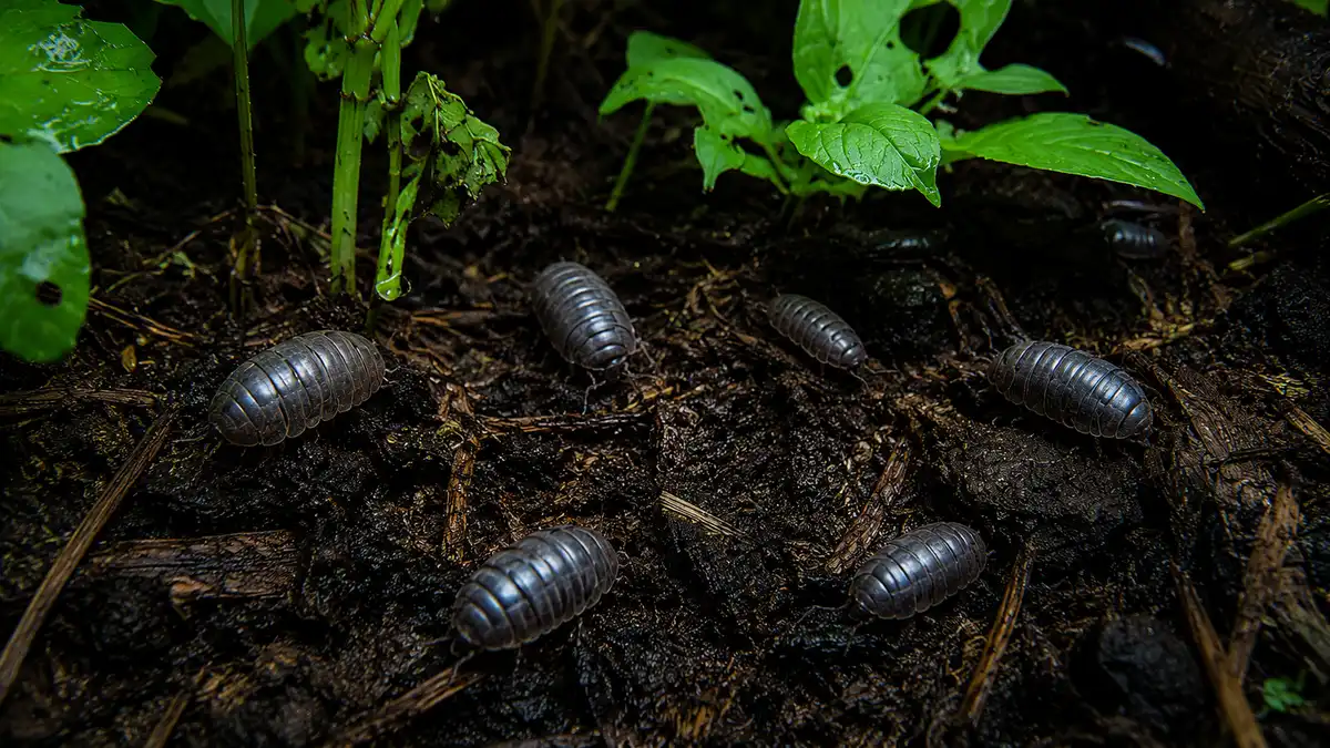 Close-up of Armadillidium vulgare pill bugs crawling on damp garden soil near green plants with small chew marks on the leaves.