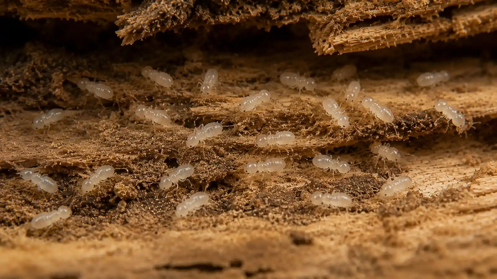 Baby termites, or termite nymphs, clustered inside damaged wood, showing tiny pale-white translucent bodies, straight antennae, soft segmented bodies, and thick un-pinched waists.