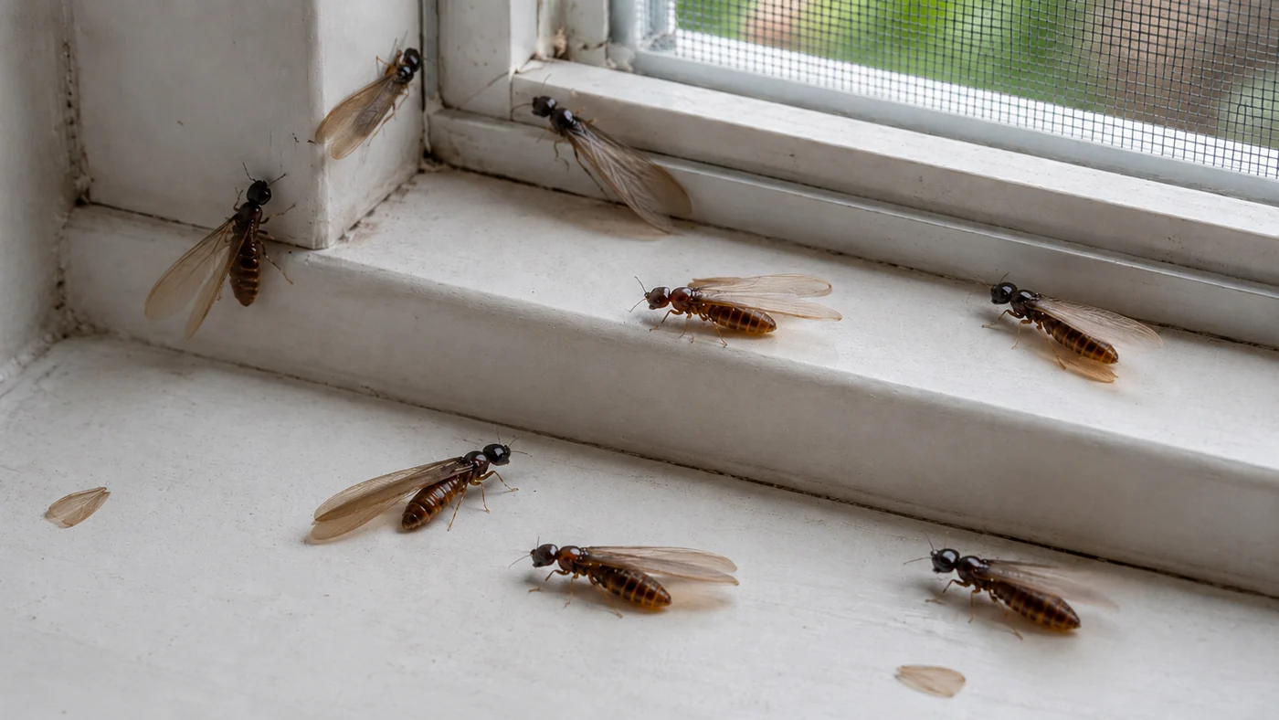 Flying termites with long translucent wings gather on an indoor windowsill, with a few shed wings nearby as a termite warning sign. 