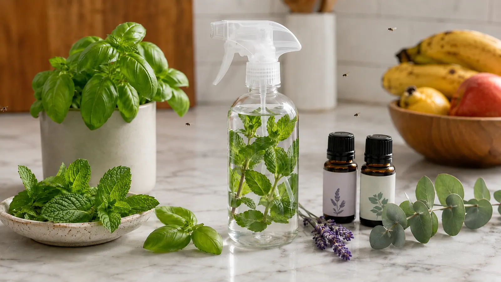 Fruit fly natural repellent DIY with basil, mint, eucalyptus, lavender, and herb spray to get rid of fruit flies at home.