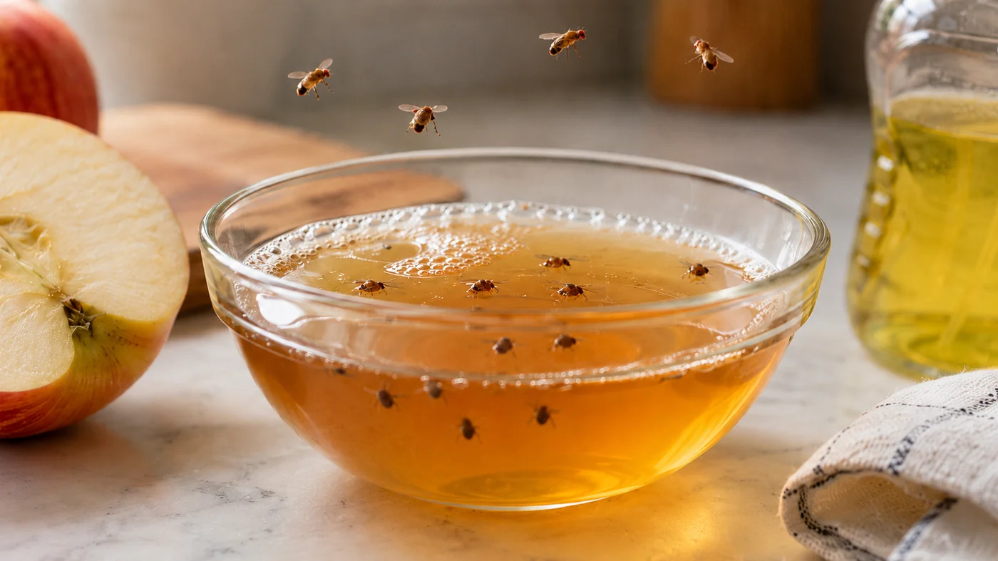 Fruit fly trap to get rid of fruit flies with apple cider vinegar and dish soap in a small glass bowl, showing fruit flies attracted to the vinegar and trapped on the soapy liquid surface.