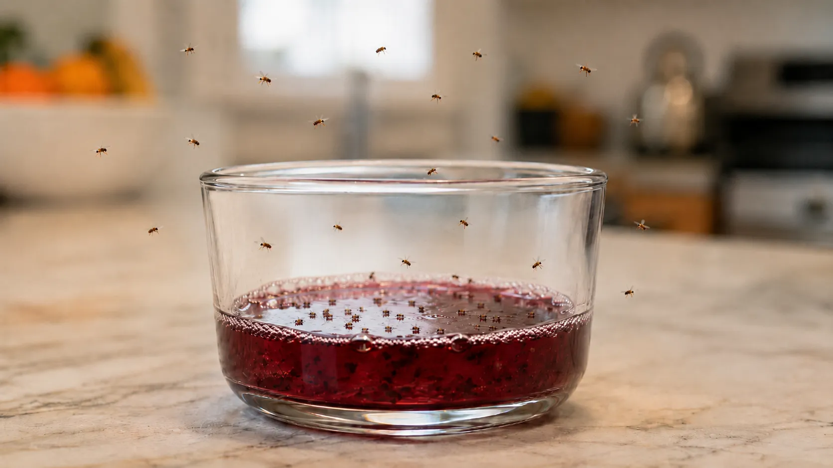 DIY red wine fruit fly trap in a glass bowl with dish soap, showing fruit flies attracted to the liquid as a do-it-yourself method to get rid of fruit flies.