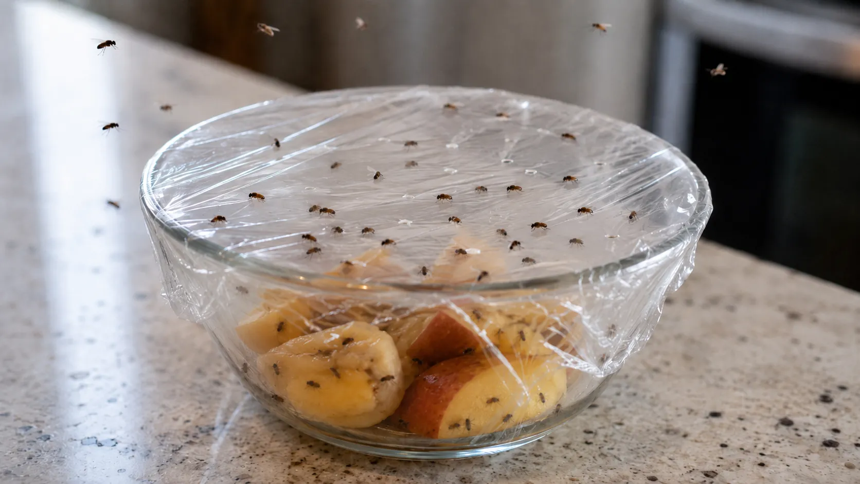 Fruit fly trap with overripe fruit in a bowl covered by plastic wrap, showing trapped fruit flies inside to help get rid of fruit flies naturally.