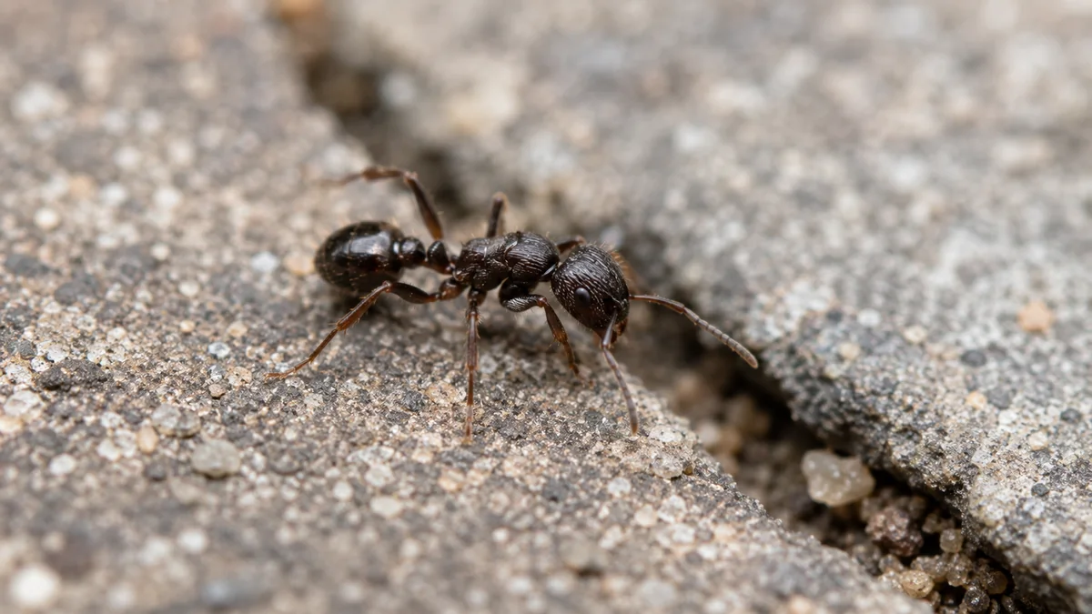 Pavement ant moving beside a crack in concrete, illustrating pavement ant control and removal for properties in Middletown, Delaware.