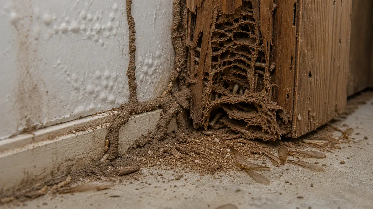 Severe termite damage in a wooden wall frame with mud tubes, hollowed wood, frass, shed wings, and visible termites, showing how to tell you have termites in your house.