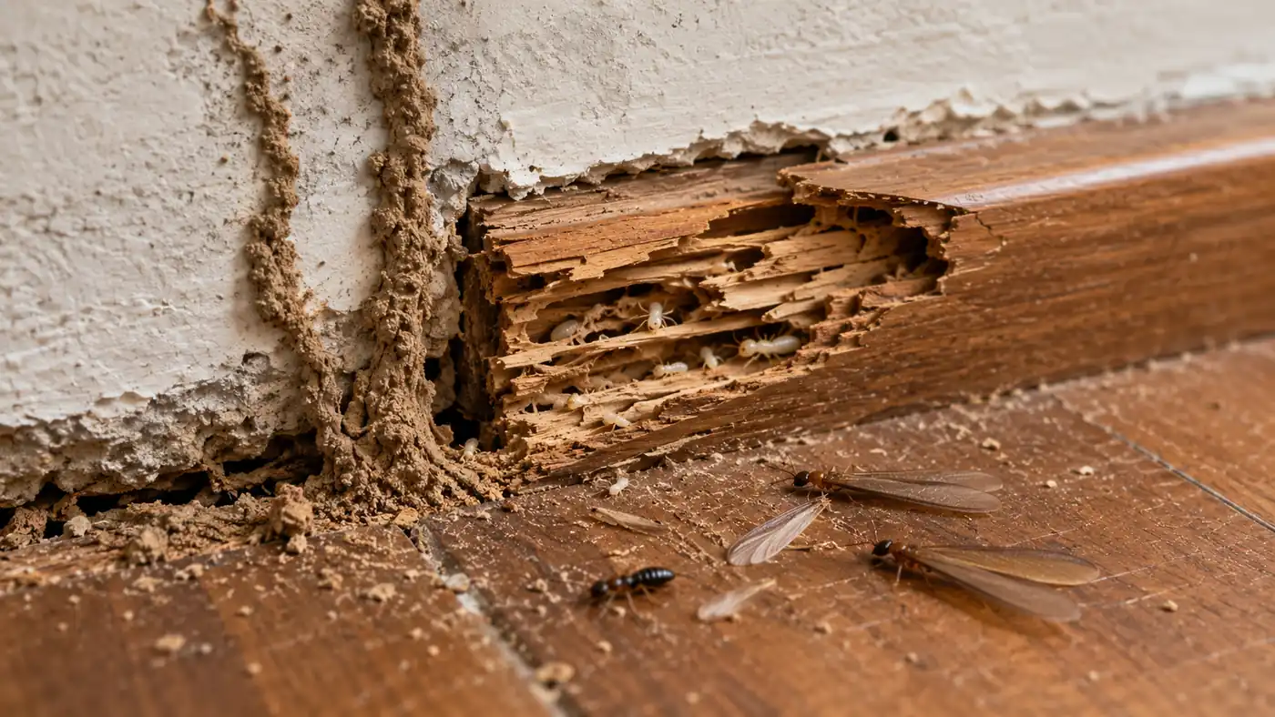 termite damage in a wooden baseboard and floor, showing mud tubes, hollowed wood, pale worker termites, shed wings, and flying termite swarmers as warning signs of a termite infestation.