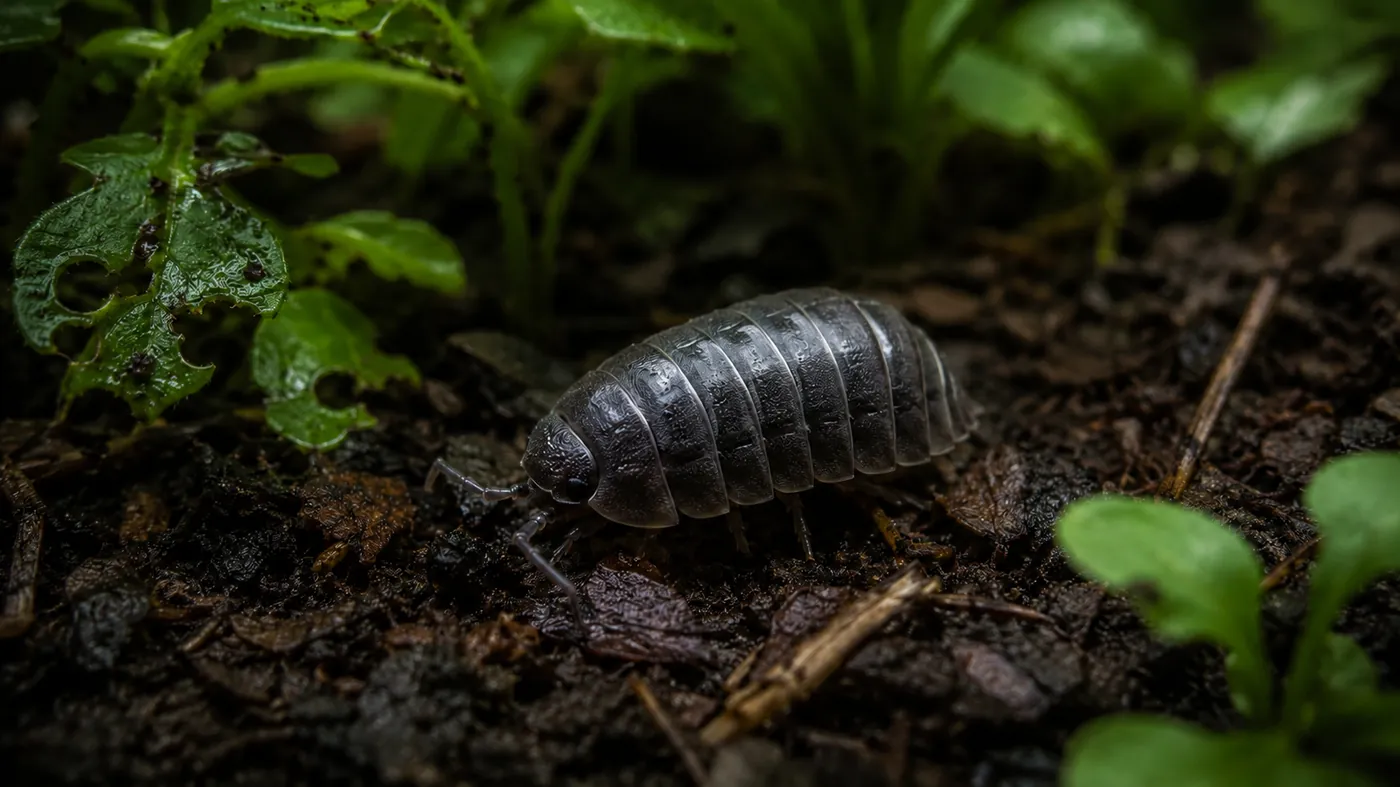 Close-up of a rolly pollie on damp soil with leaf litter and green plants, showing how pill bugs need moisture, shelter, and decaying organic matter to survive outdoors.