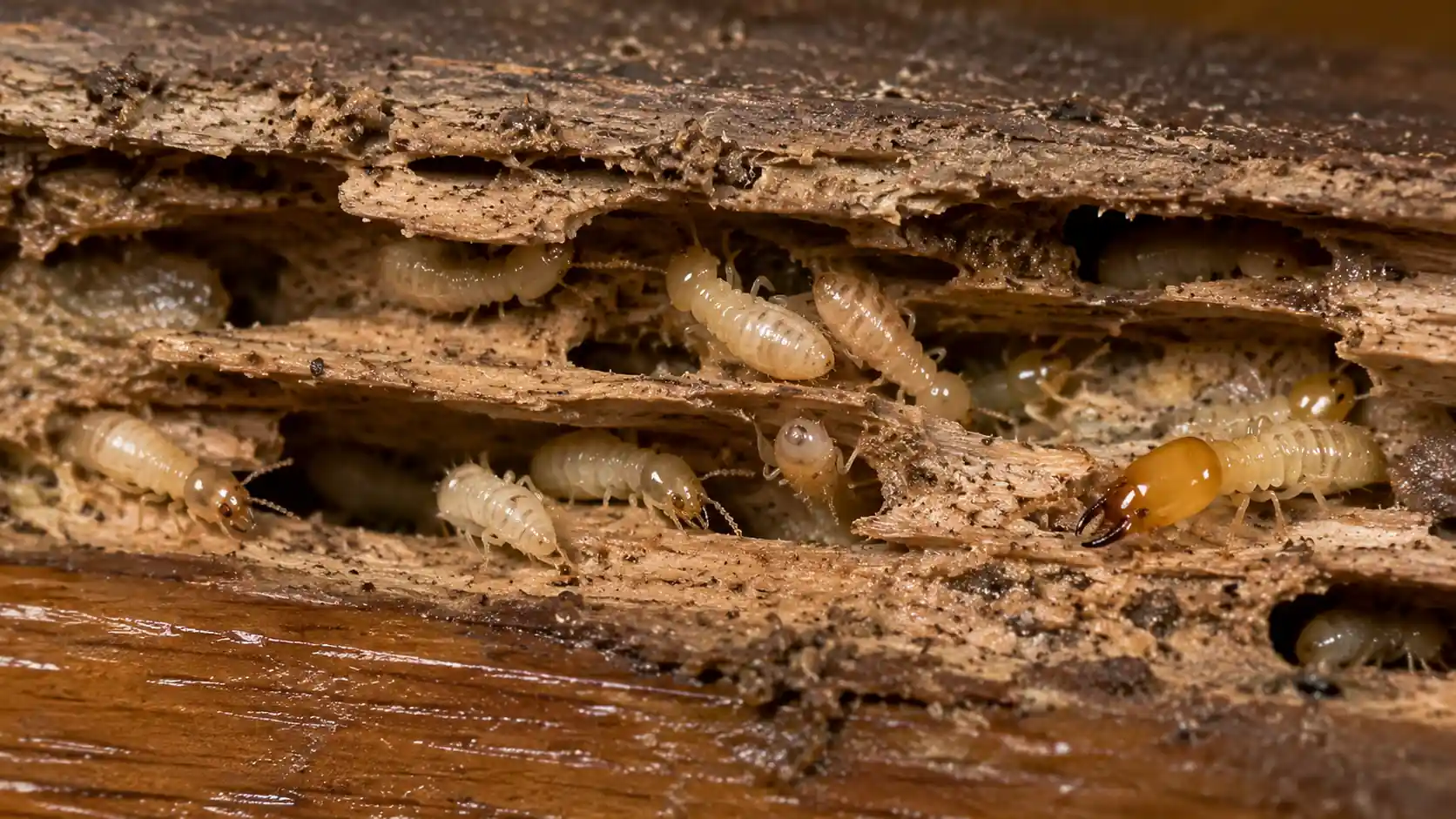 Termites feeding inside layered, hollowed wood, showing termites eating cellulose-rich wood and tunneling through damaged timber.
