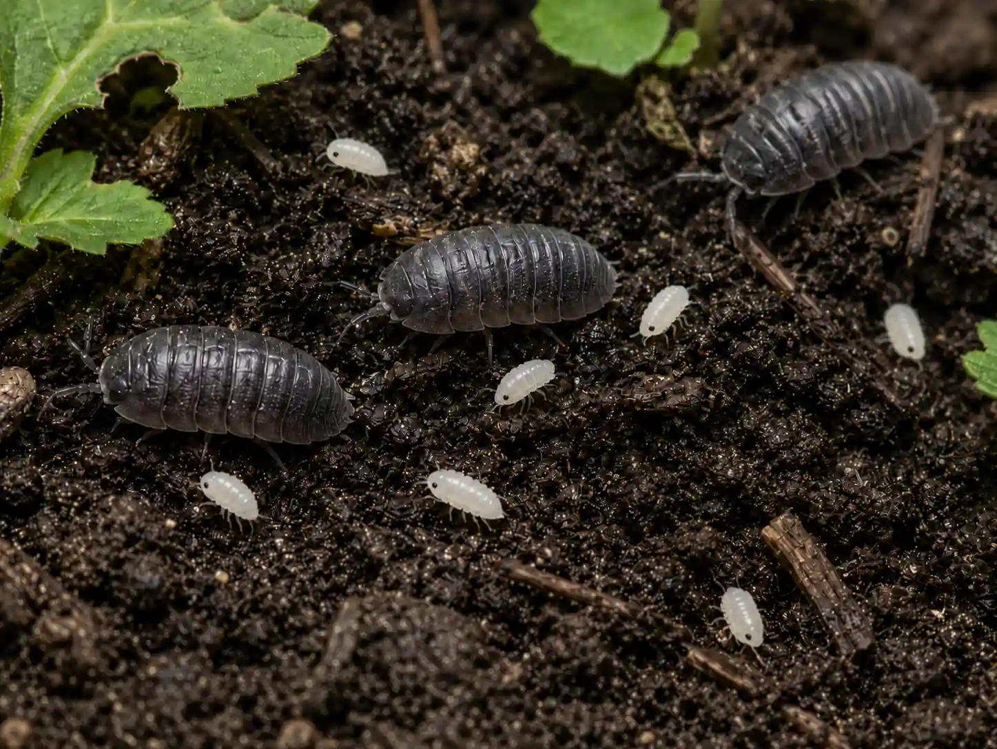 Adult and baby roly polies, land-dwelling crustaceans and isopods, crawling on damp soil, showing what rolly pollies are.