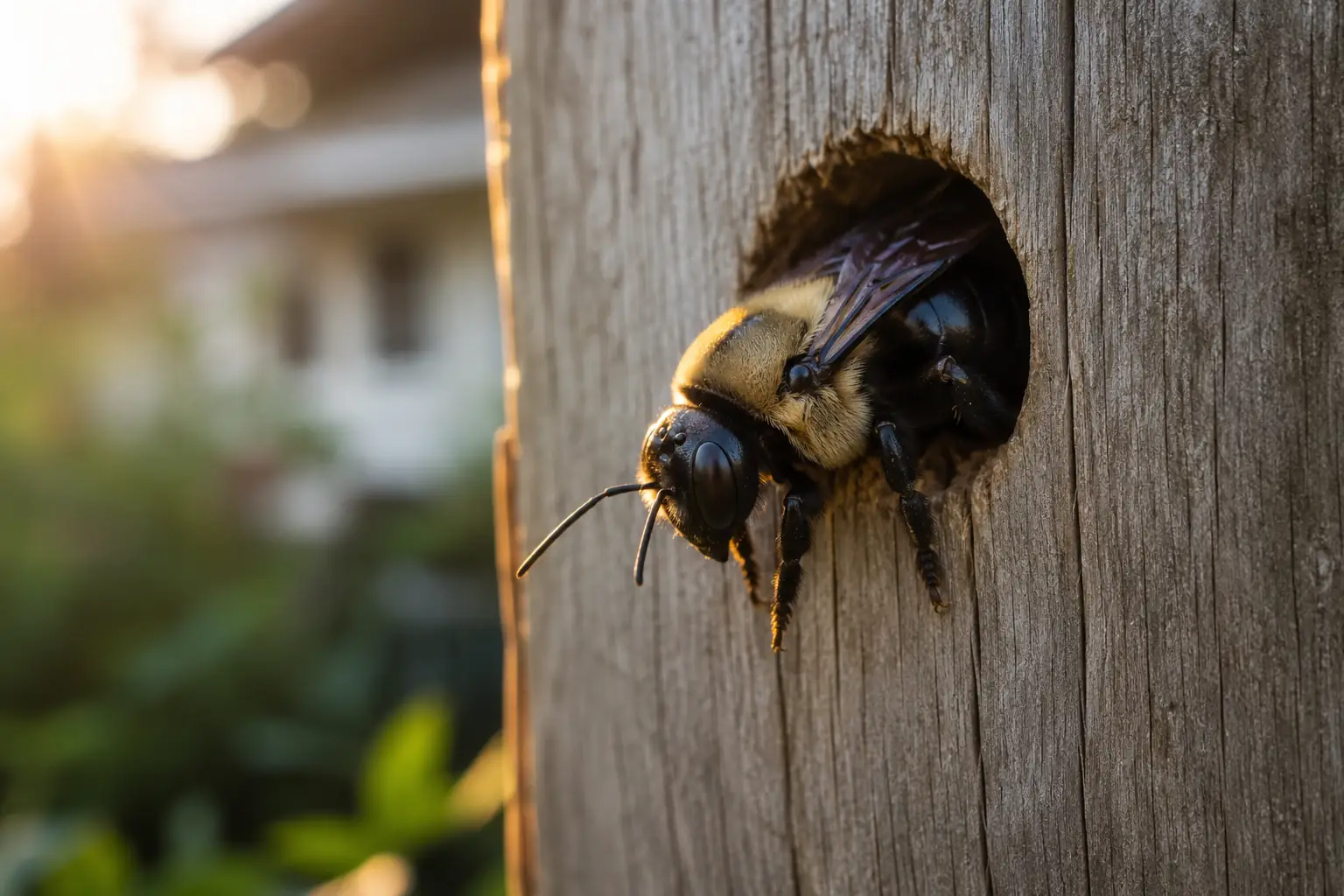 carpenter bee peeking out of a hole in the wood, showing that carpenter bees can drill wood
