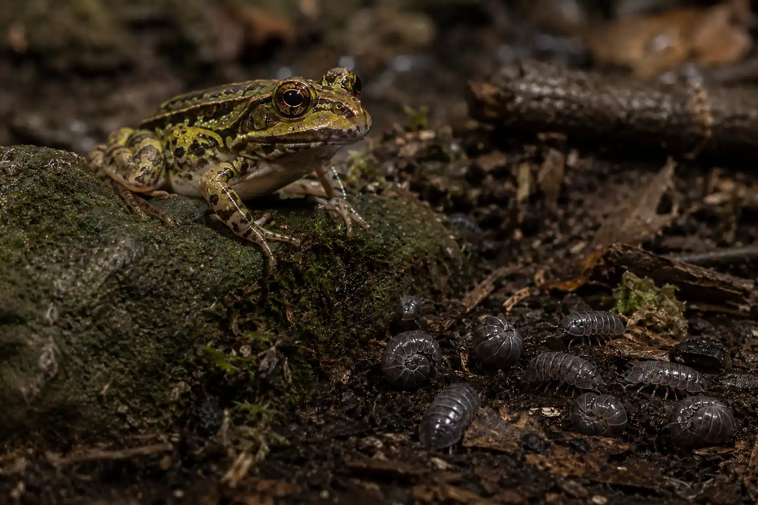 frog looking at roly polies, frogs may eat roly polies. 