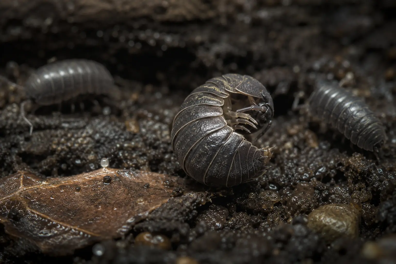 rolly pollies on the ground close up, conglobating and crawling