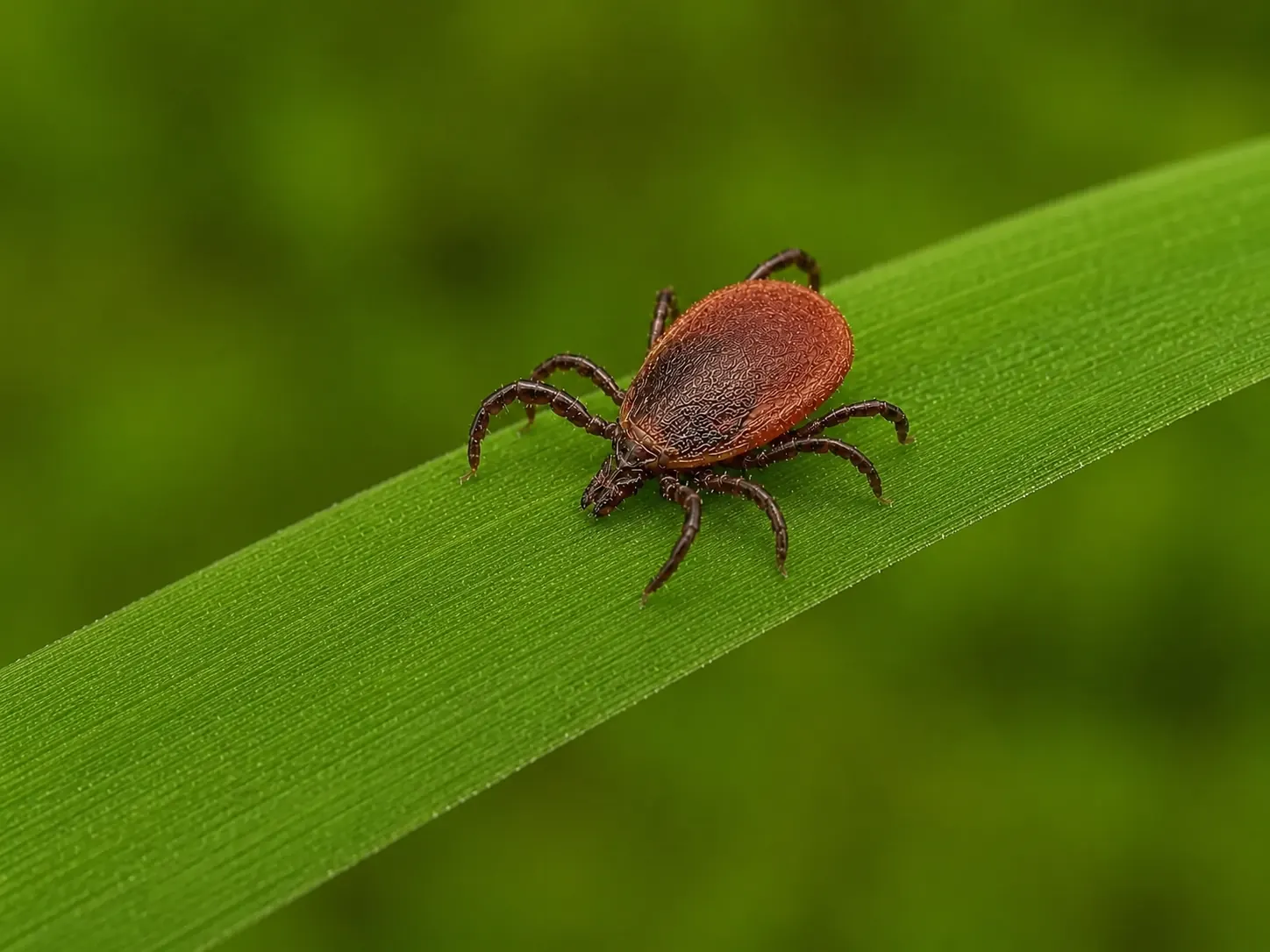 tick crawling in the grass, symbolizing local tick control in Delaware