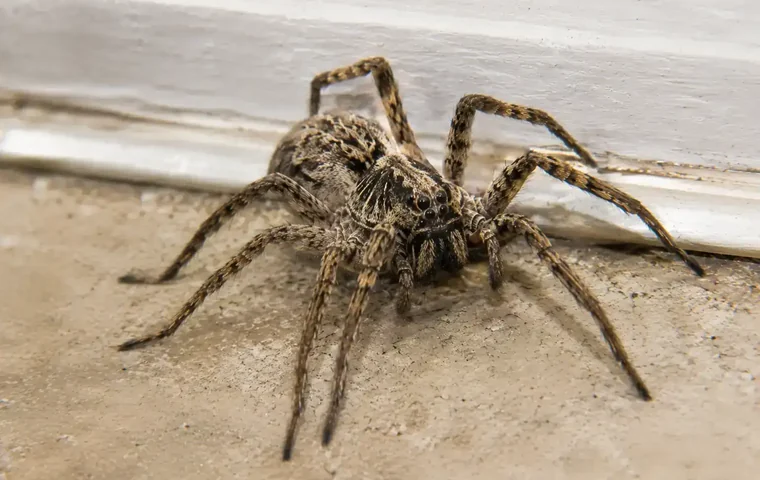 wolf-spider-interesting-facts Wolf spider near a baseboard, showing the stout, hairy body and large eyes of a spider that actively hunts instead of using a web to catch prey.