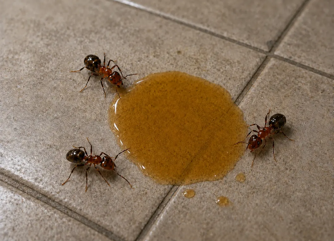 ants in restaurant kitchen crawling floor where honey is spilled