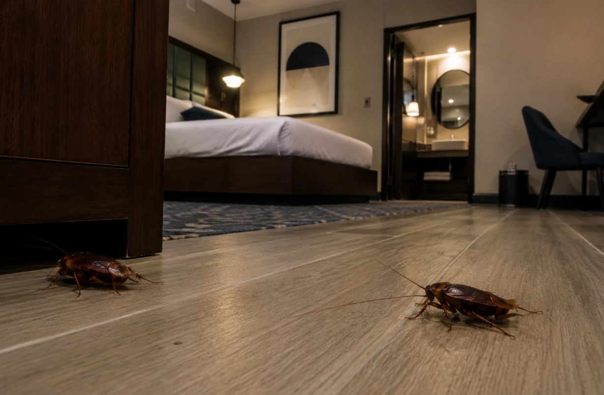 cockroaches crawling on hotel floor in a hotel room