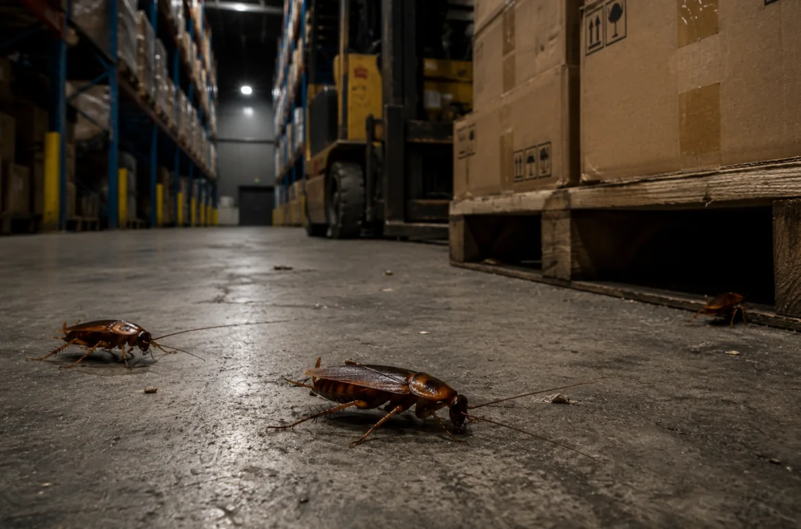 cockroaches crawling on warehouse floor