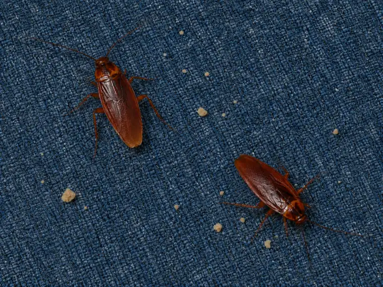 two roaches on office floor, next to leftover breadcrumbs