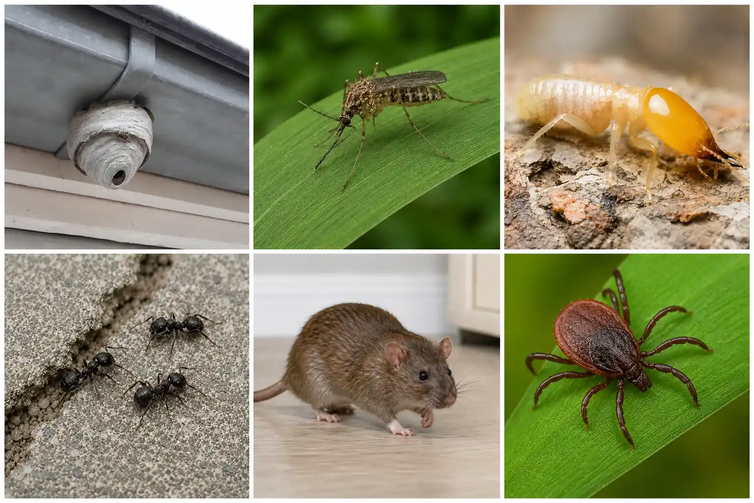 different pests in New Jersey close up photos: tick, rat, ants, termite and a mosquito