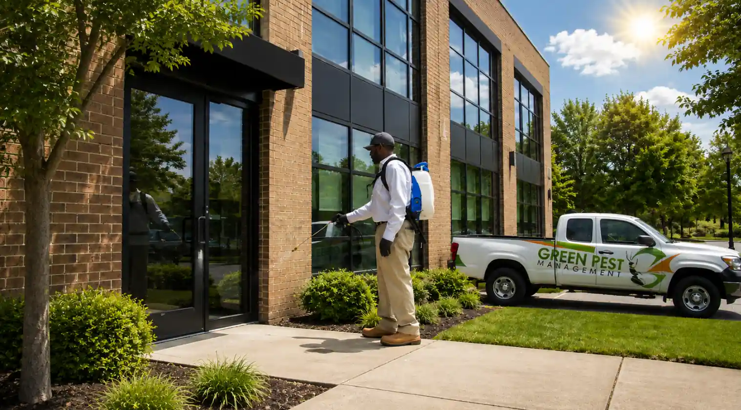 pest control technician near office building, spraying