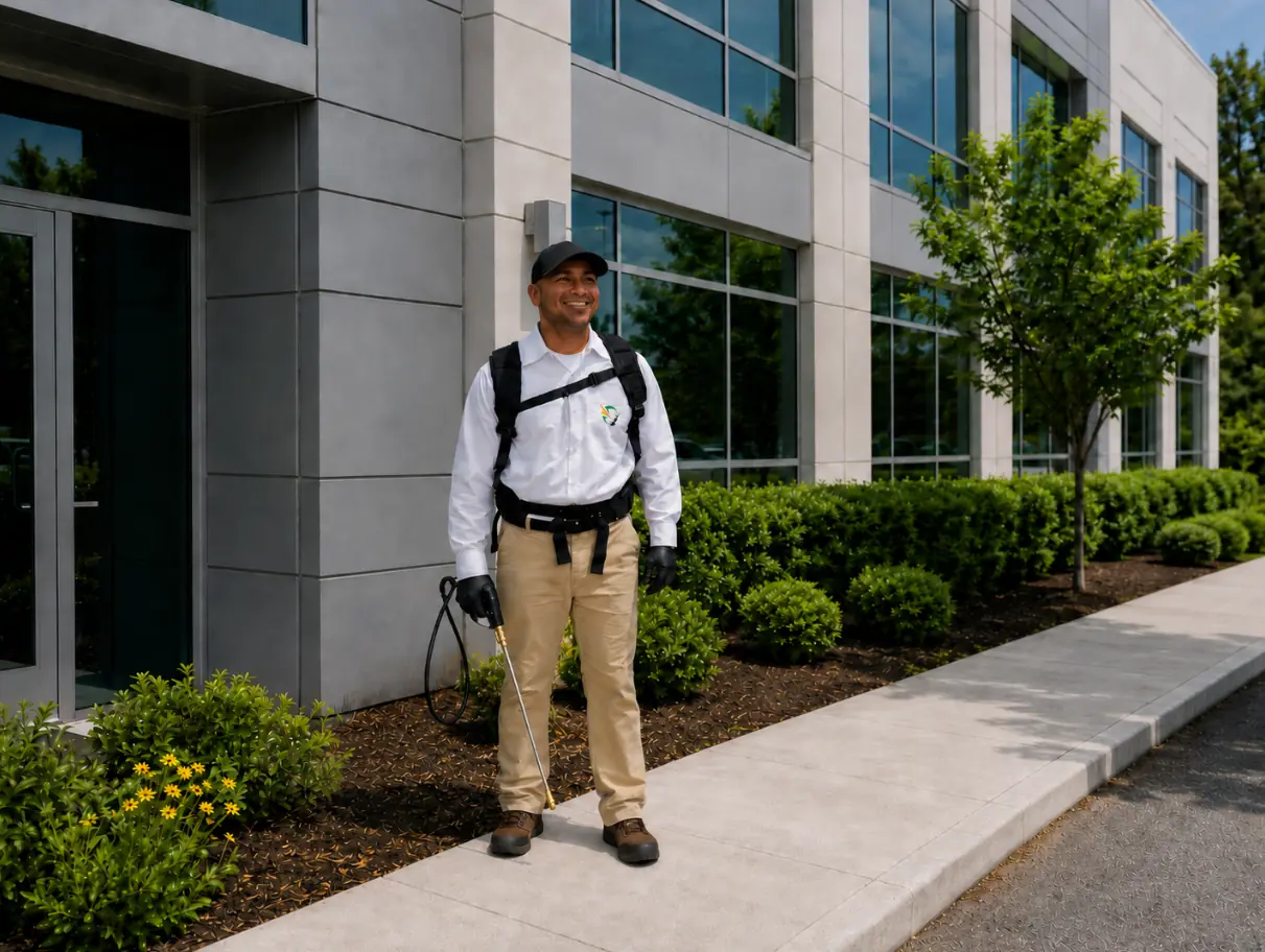 pest control technician standing near office building