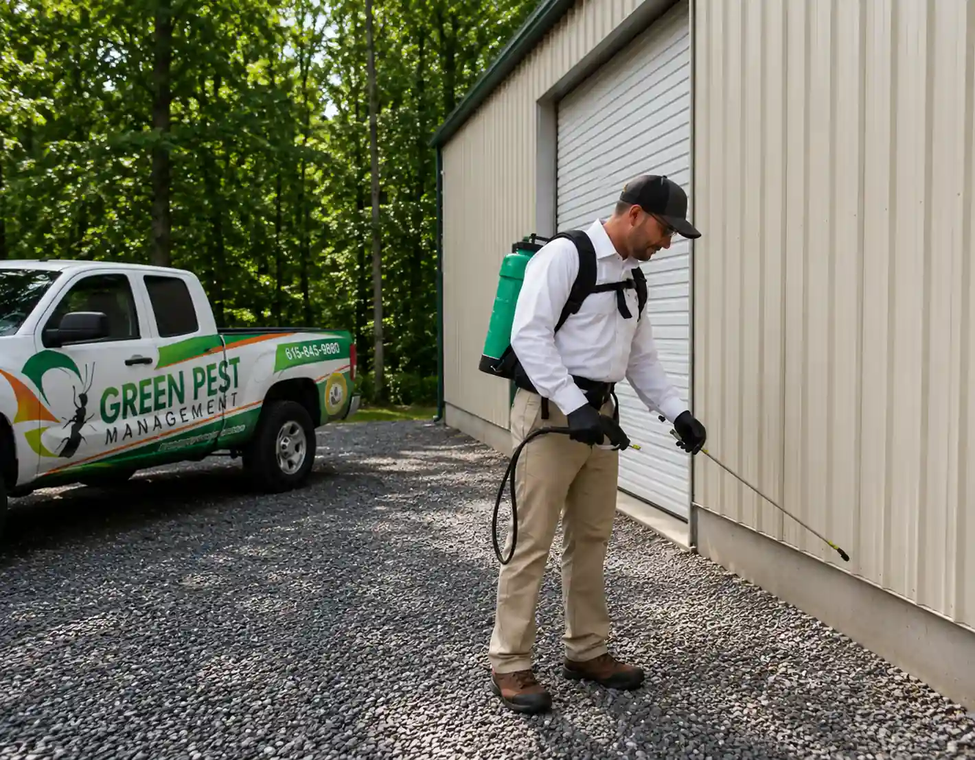 pest control technician near warehouse, spraying to prevent cockroach infestations